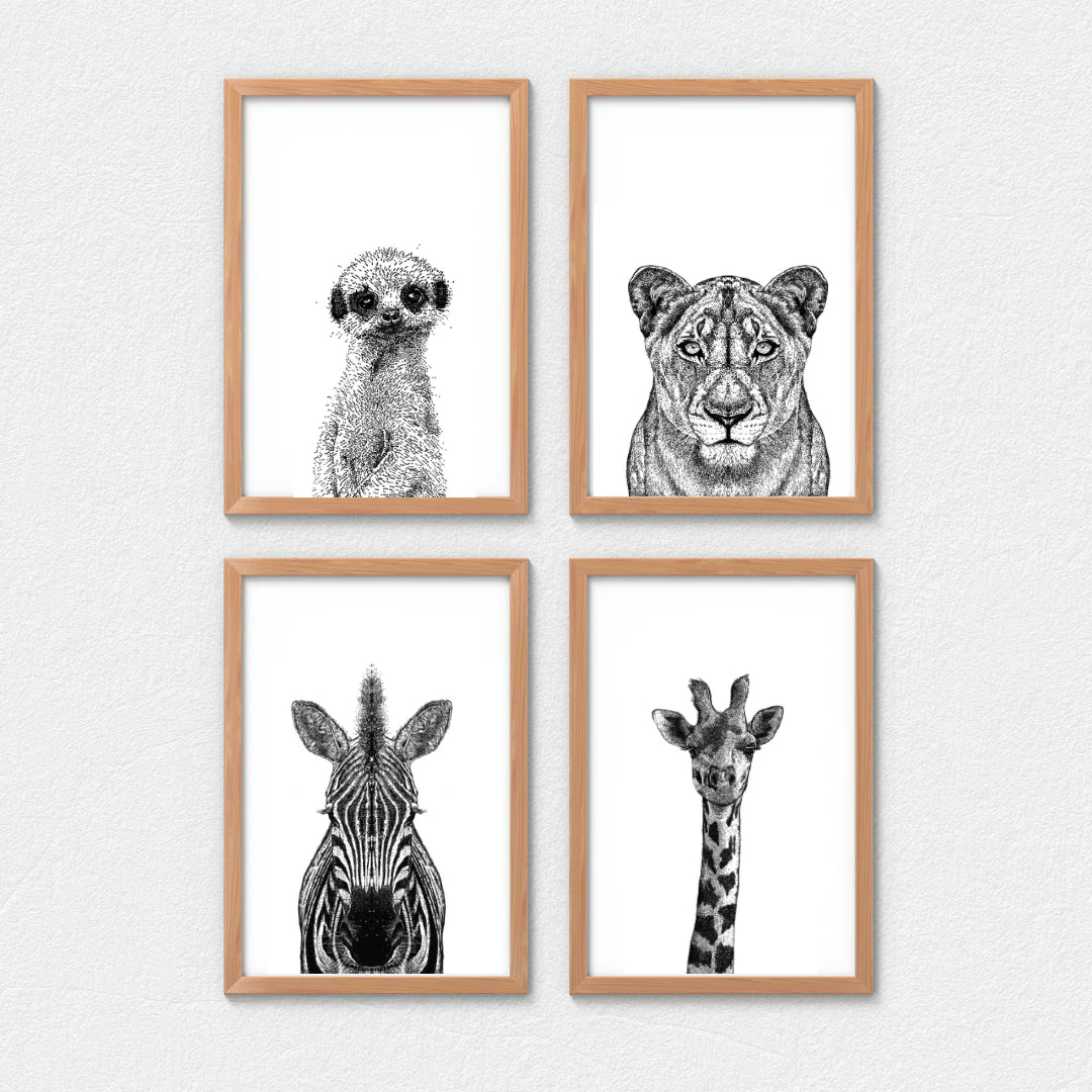 Safari Serenade: 4-Piece Art Print Set Featuring Lioness, Meerkat, Zebra, and Giraffe