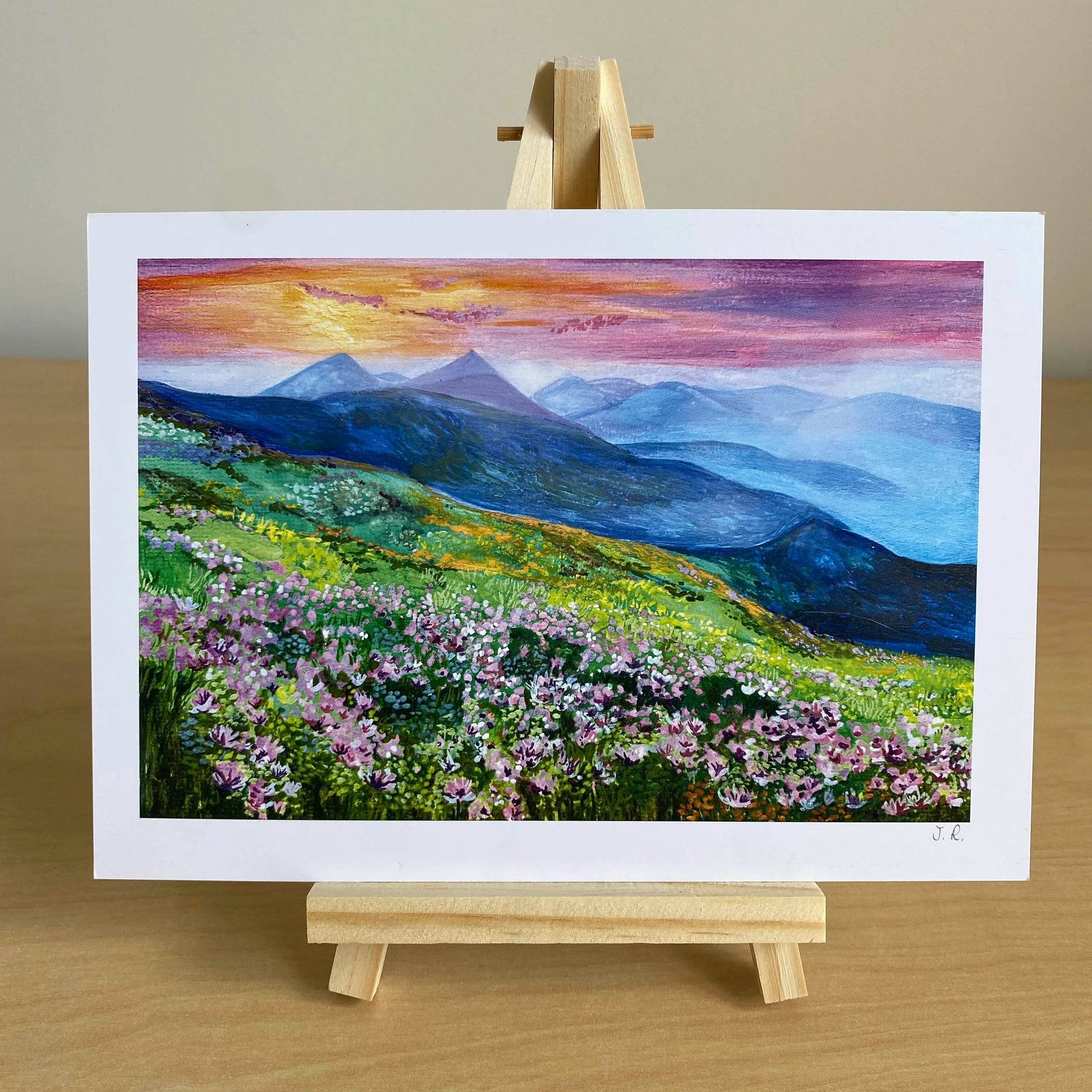Skyfire and petals mountain sunset art print with wildflowers, painted by local Welsh maker.