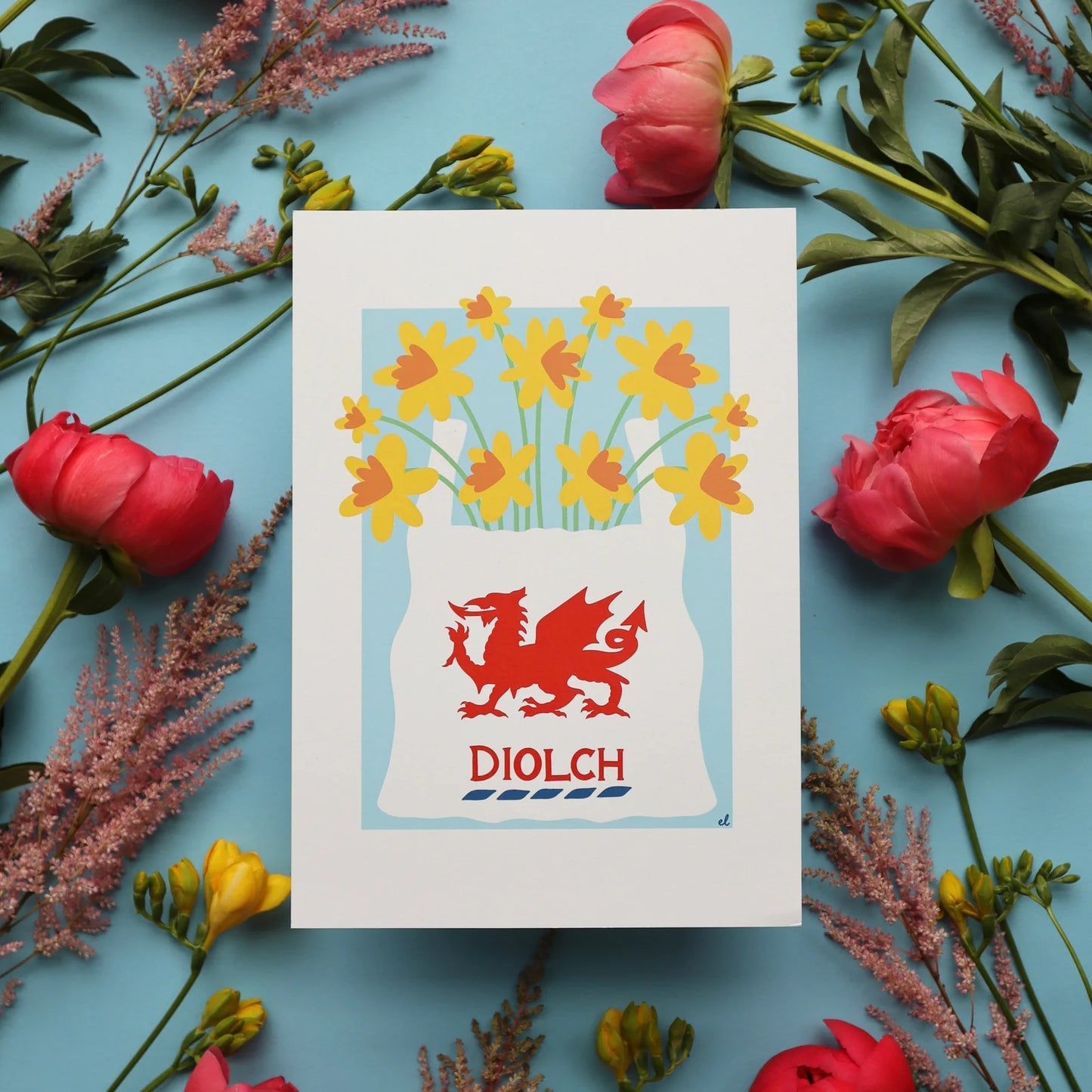 Supermarket Daffodils art print on recycled paper, playful Welsh carrier bag design in A4 and A5 size