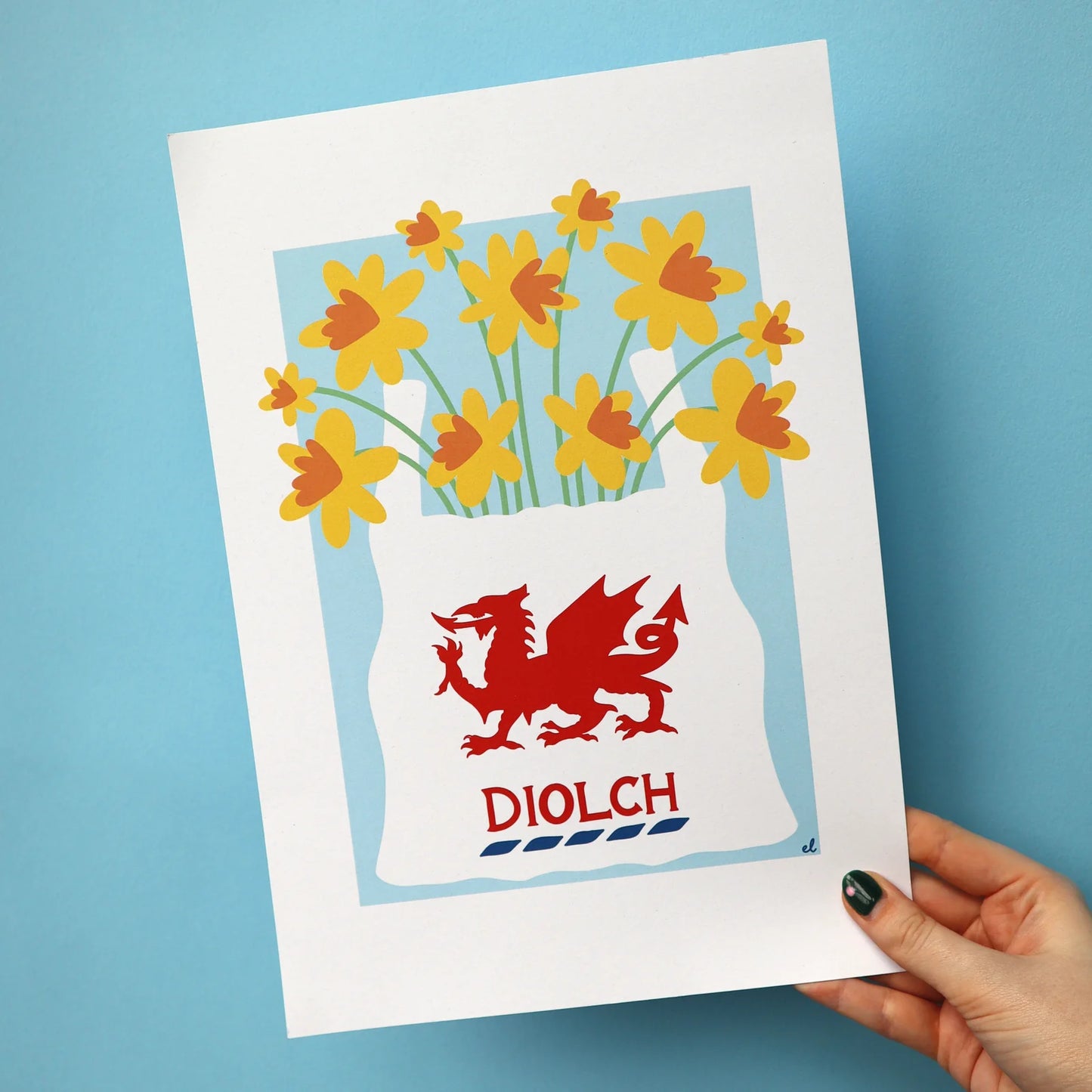 A4 A5 Supermarket Daffodils artwork, recycled paper, fun Welsh gift for home décor