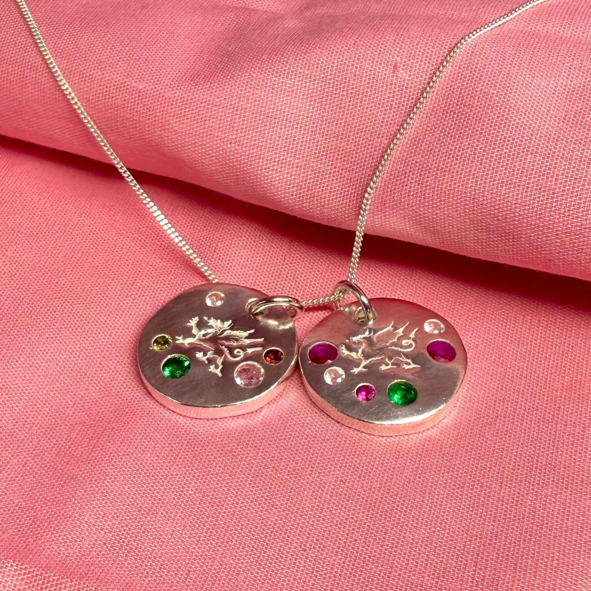 Fine silver Welsh dragon necklace with multicoloured stones, handcrafted in Wales. Perfect jewellery christmas gift for her.