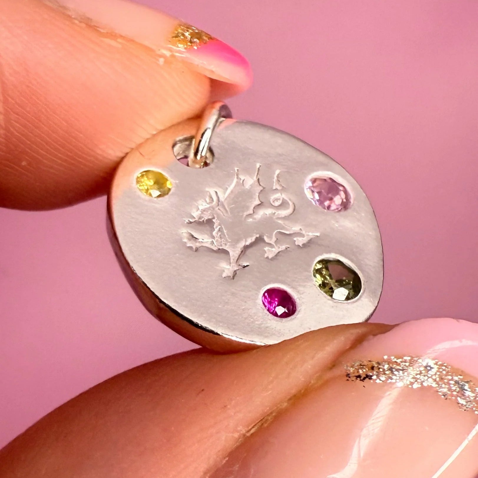 Welsh dragon silver pendant necklace with colourful gems, a unique handmade Welsh gift for her.