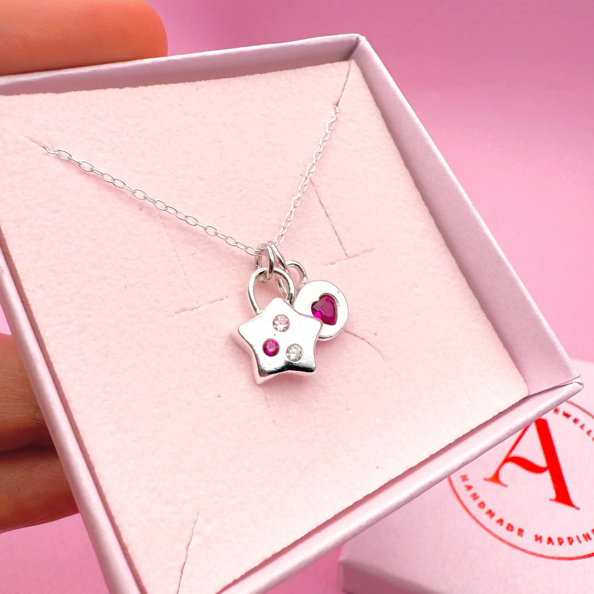 Silver Jammie Heart Charm Necklace displayed in gift box, perfect for Christmas or birthday gift for her.