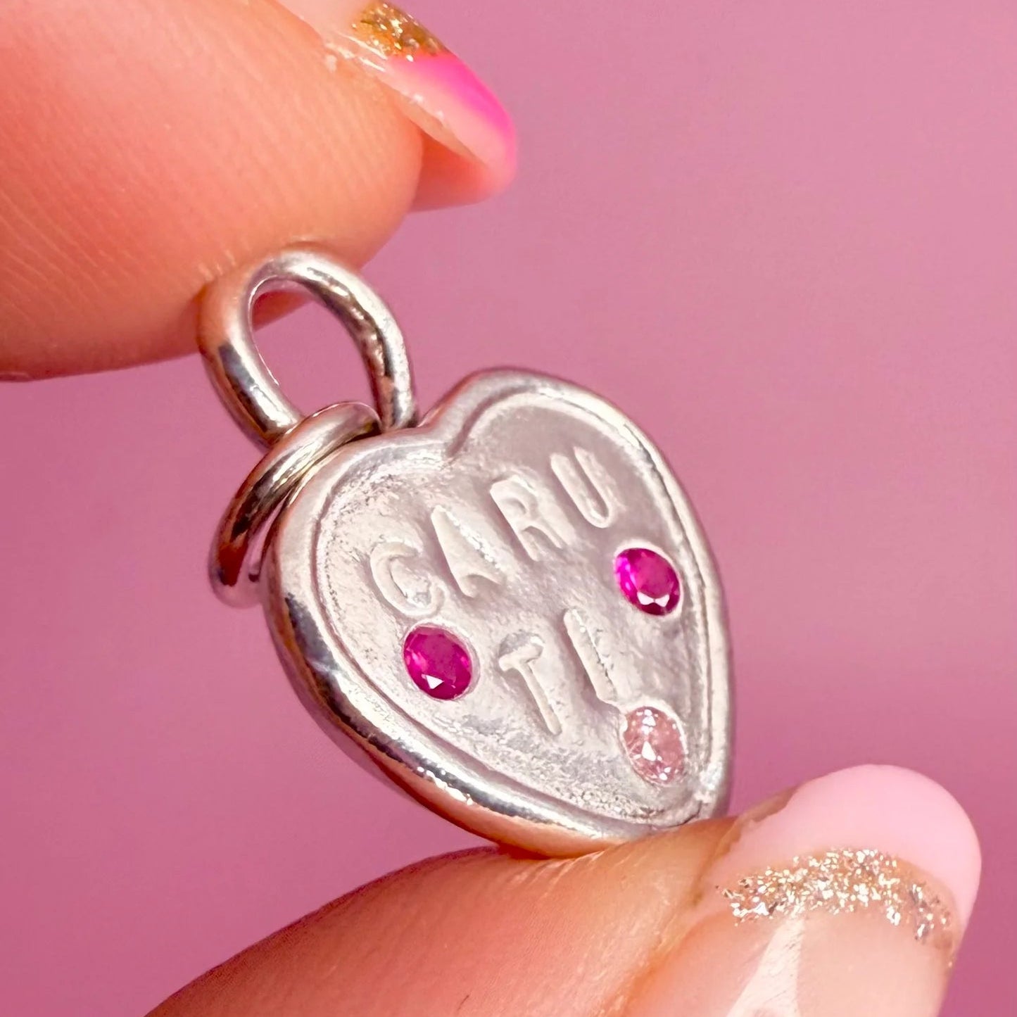 Close-up of Caru Ti Sweetheart Pendant showing vibrant gemstones, handcrafted in Wales, ideal Welsh gift for her.