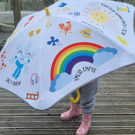 Children's Welsh language umbrella featuring colourful weather themed illustrations. Perfect gift for children learning Welsh. 