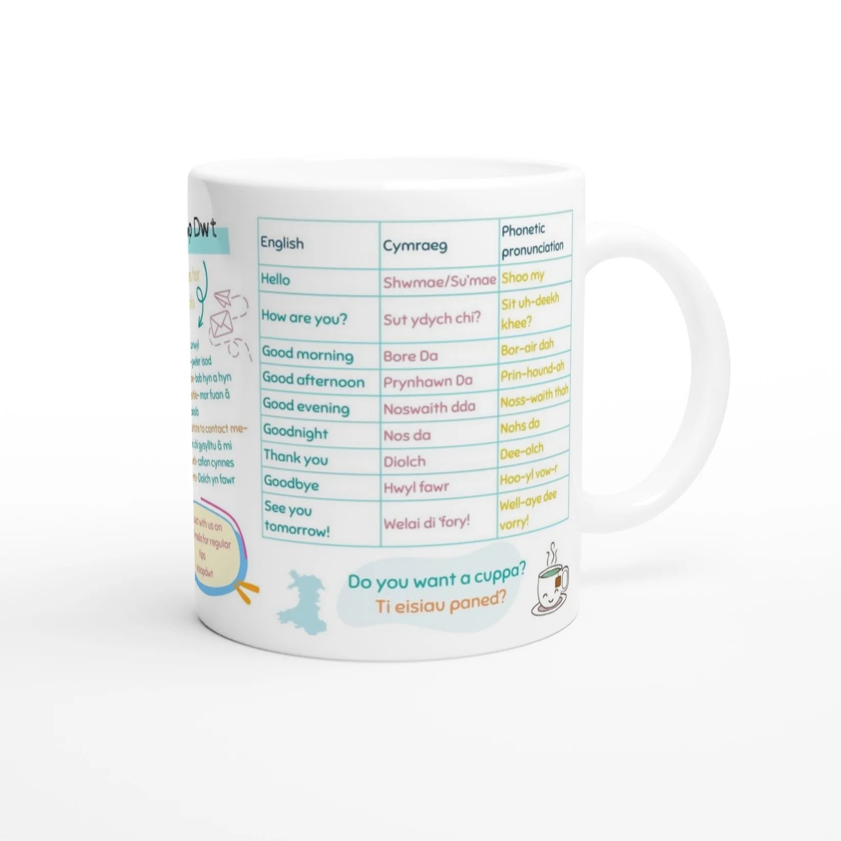 Mug with Welsh language phrases printed on a white background