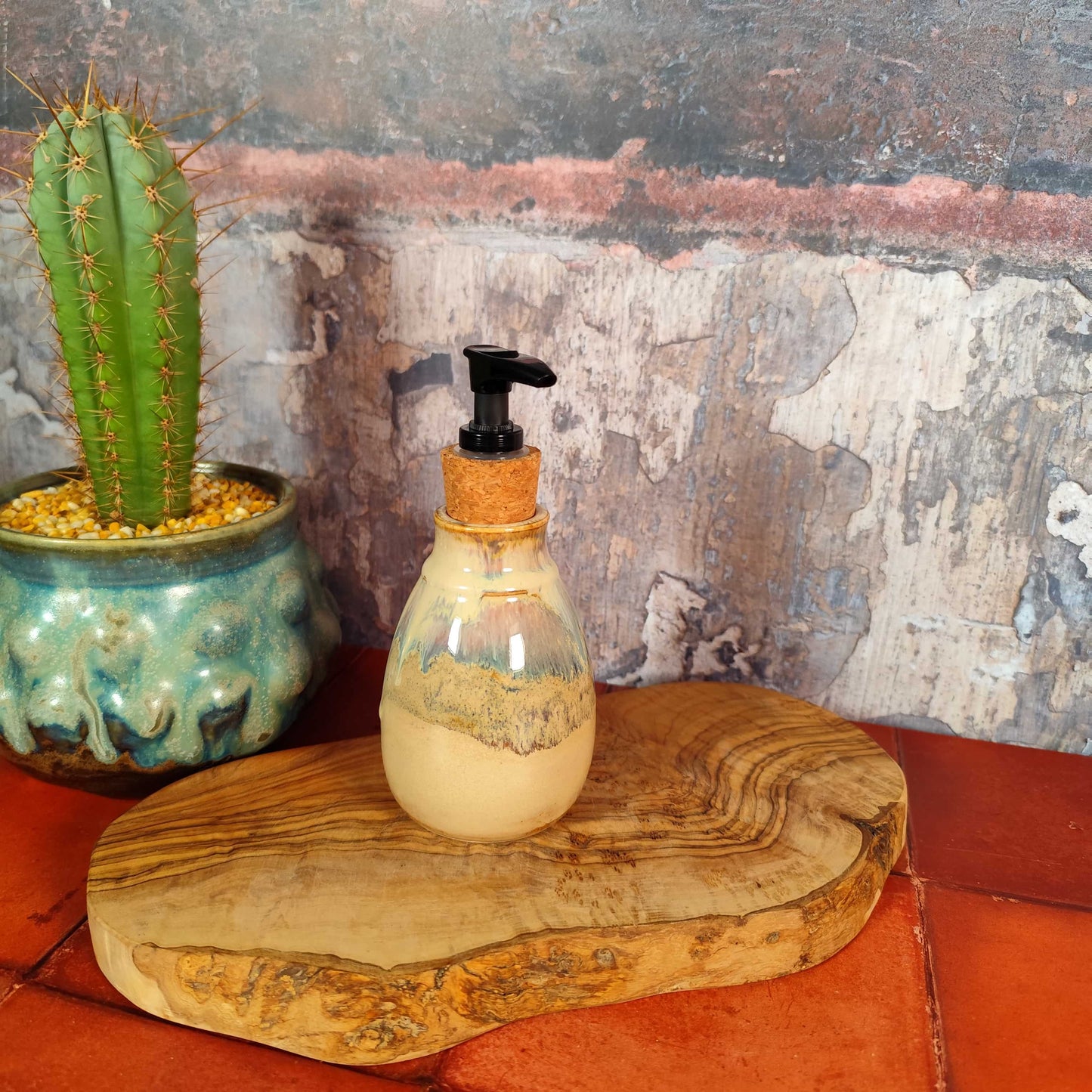 Wheel thrown beige pottery soap dispenser handmade in Wales