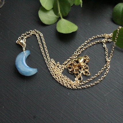 Gold necklace with a blue crescent moon pendant on a dark surface with green leaves.