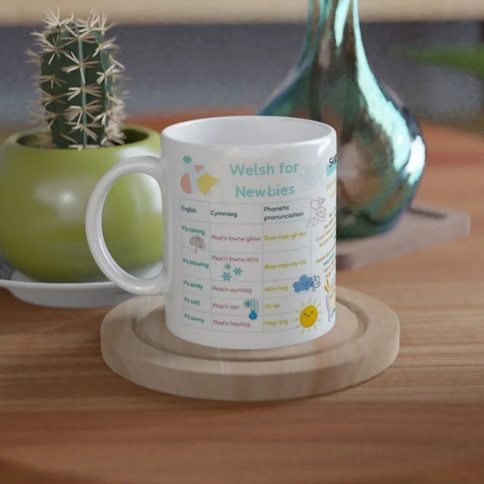 Welsh learner gift mug with greetings and weather phrases”