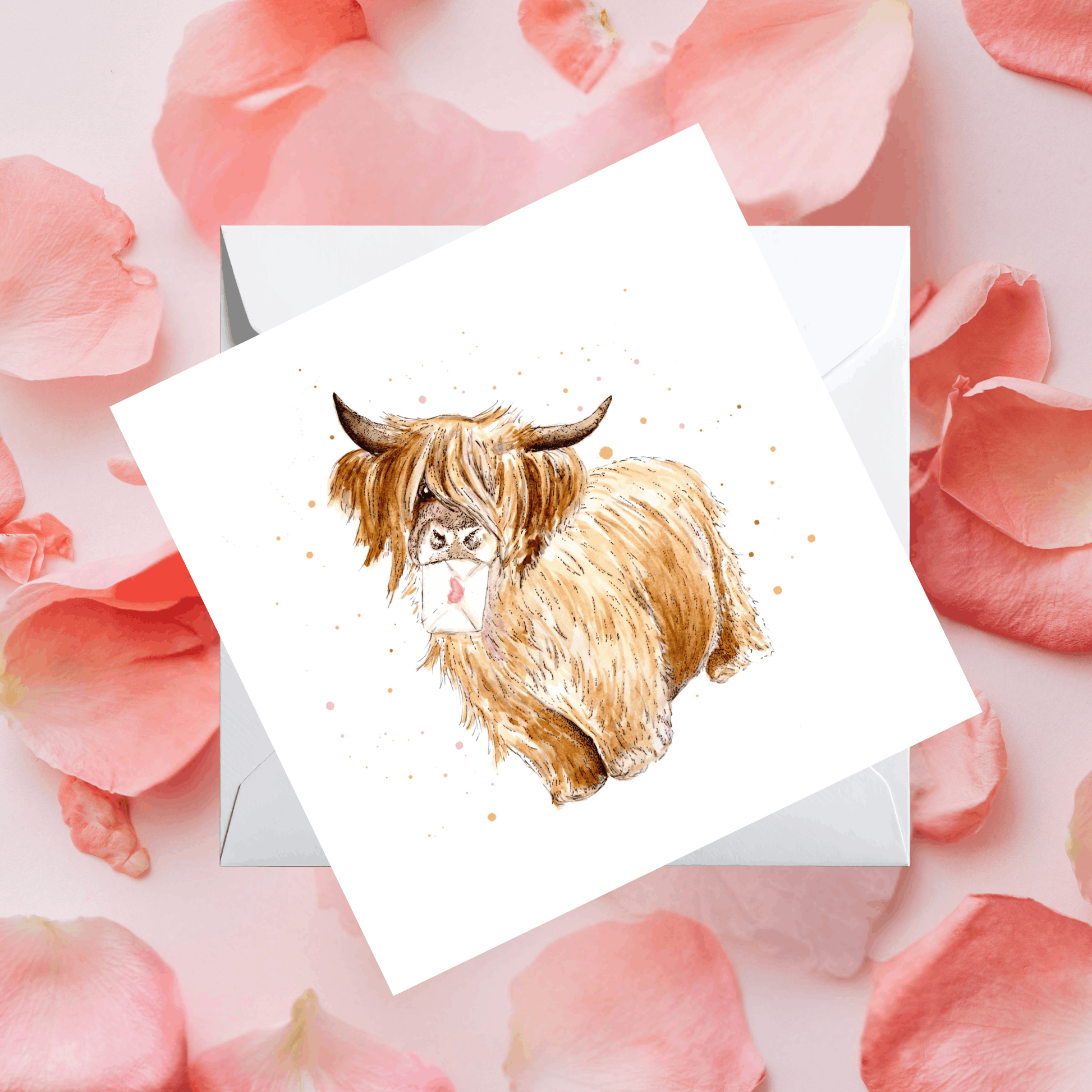 Card with a highland cow illustration on pink floral background. Illustrated love card with Highland cow design, thoughtful gift for anniversaries, Valentines Day and weddings.
