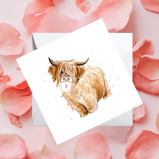 Card with a highland cow illustration on pink floral background. Illustrated love card with Highland cow design, thoughtful gift for anniversaries, Valentines Day and weddings.