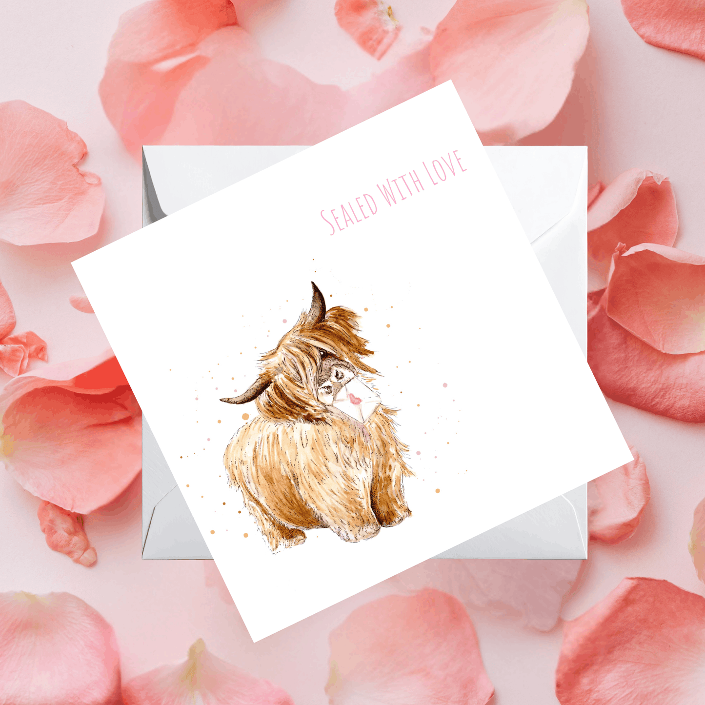 Greeting card with a cow illustration on pink flower petals. Highland cow romantic greeting card, handmade stationery supporting small businesses in Wales.