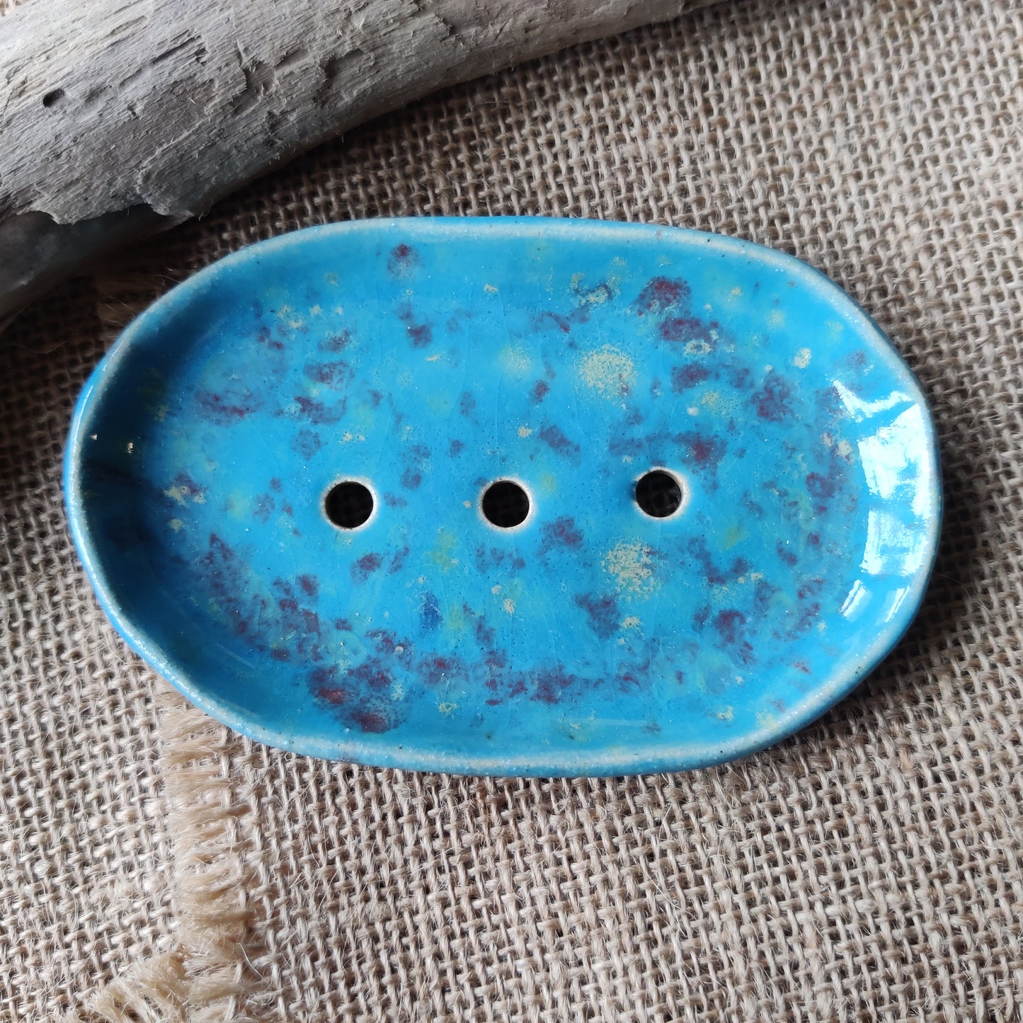 Blue cyan ceramic soap dish, handmade in Wales. Natural textured finsih.
