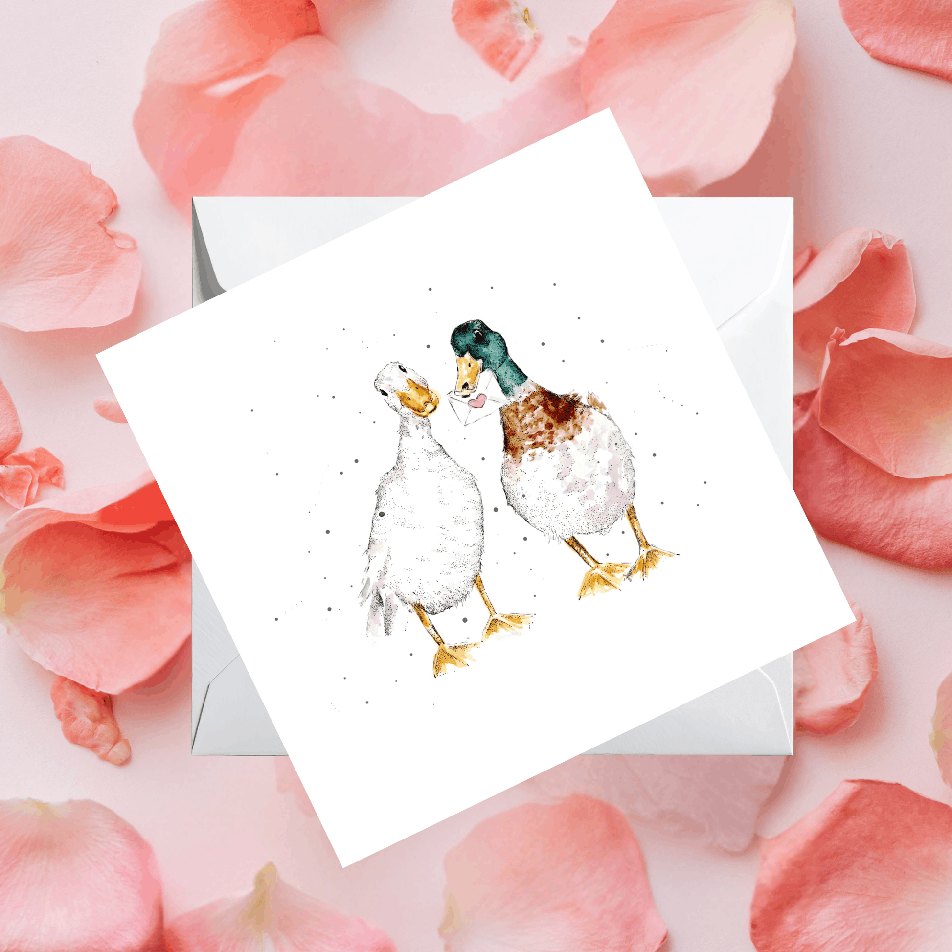 Valentines/Anniversary love card with duck illustration on pink flower petals. Made in Wales, by small Welsh business.
