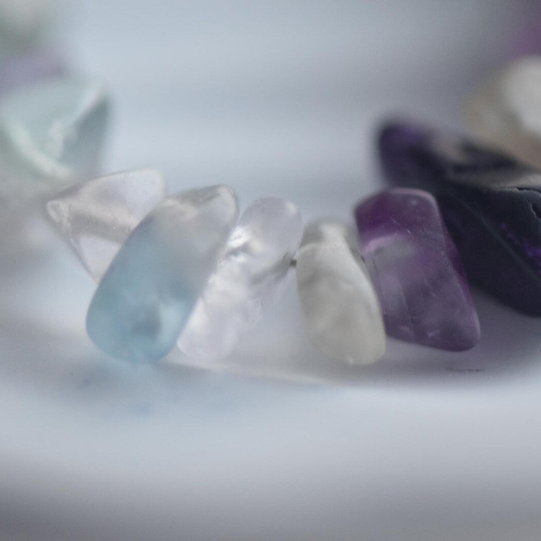 Close-up of handmade fluorite chip long drop earrings with natural gemstones