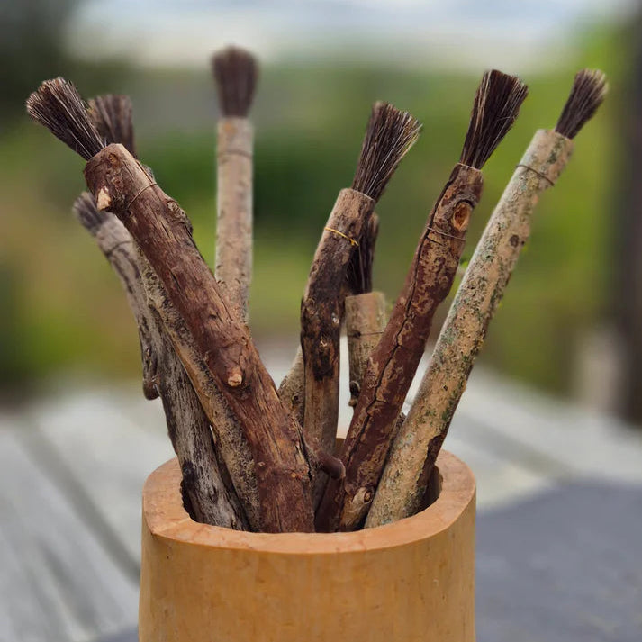 Wooden container with Driftwood handle paintbrush for mixed media and natural dyes