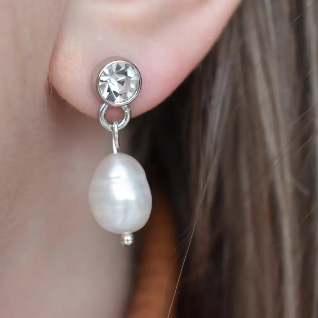 Freshwater pearl drop earrings with crystal stud handmade bridal jewellery