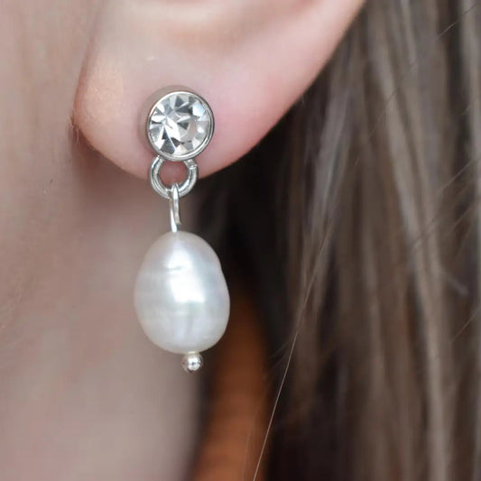 Freshwater pearl drop earrings with crystal stud handmade bridal jewellery