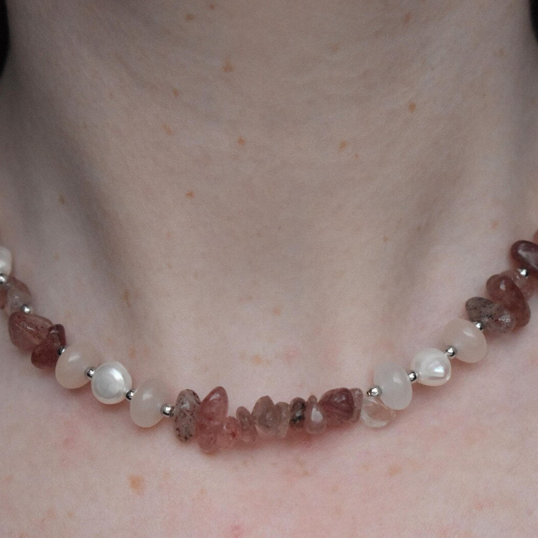 Delicate pink gemstone and pearl necklace gift for her