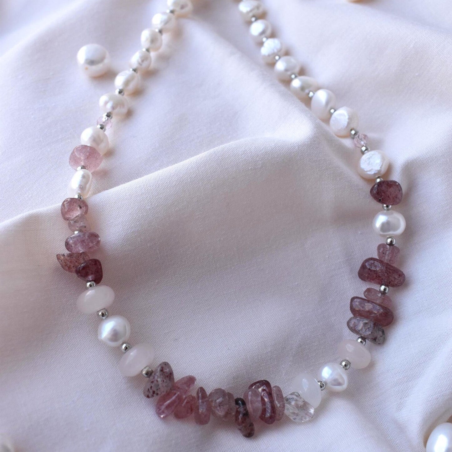 Layered freshwater pearl and strawberry quartz handmade necklace, made in Wales.