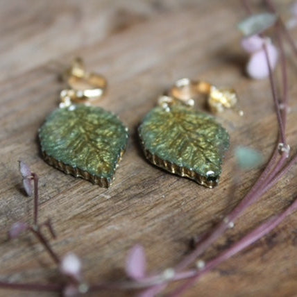 Nature inspired resin leaf huggie earrings gold finish, handmade in Wales