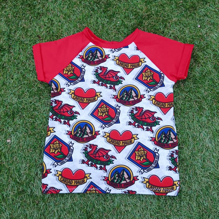 Children's t-shirt with colourful Welsh inspired fabric, made in Wales.