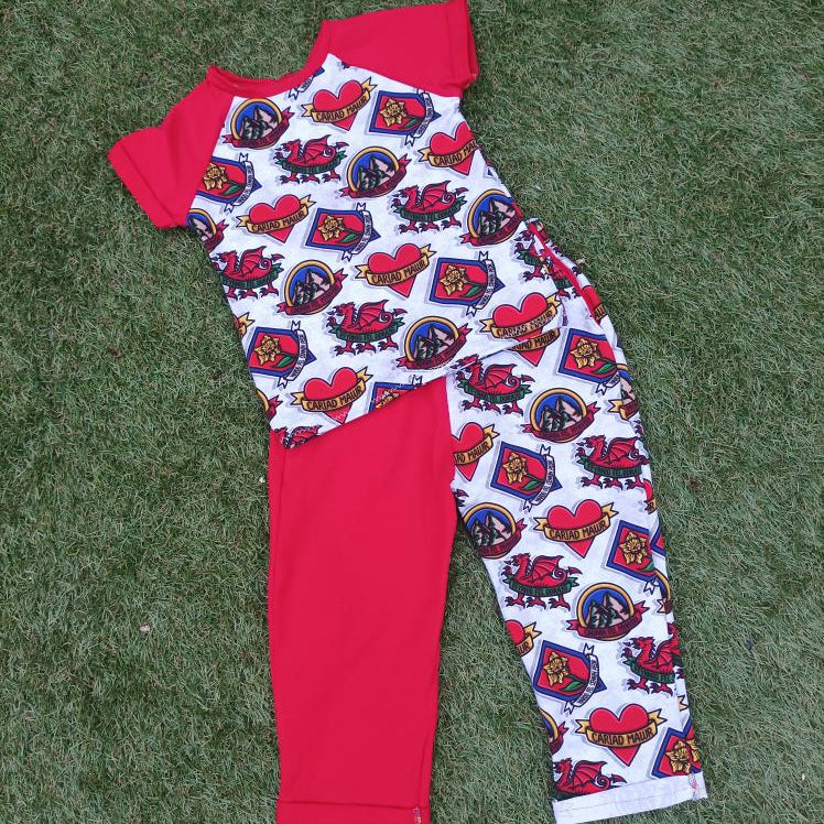 Handmade Welsh children’s clothing  set, Welsh cariad fabric