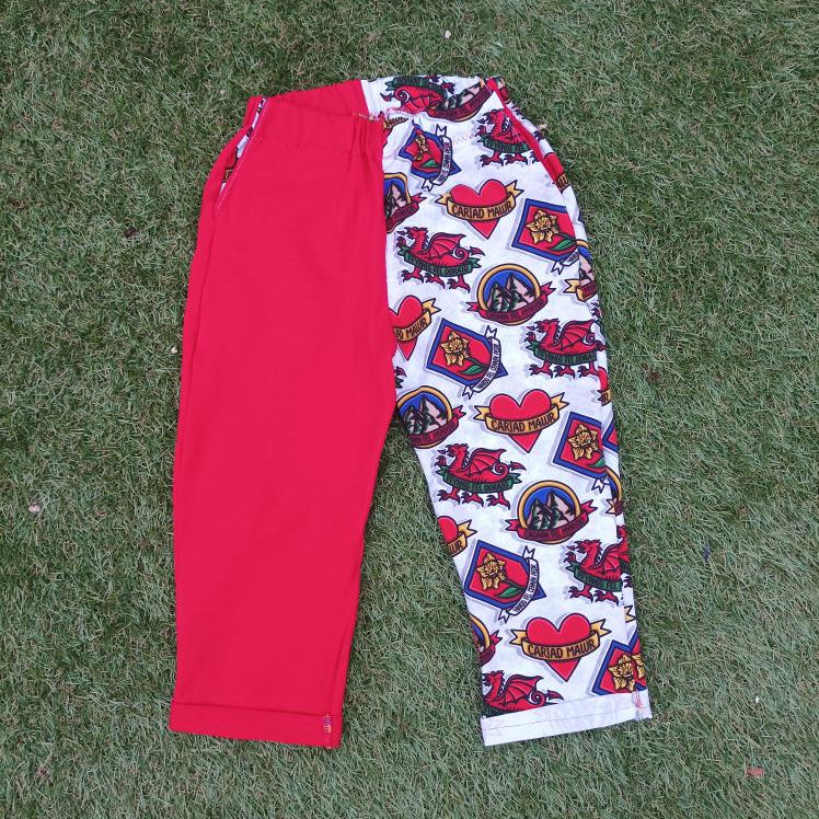 Soft cotton toddler trousers, red and Welsh inspired fabric