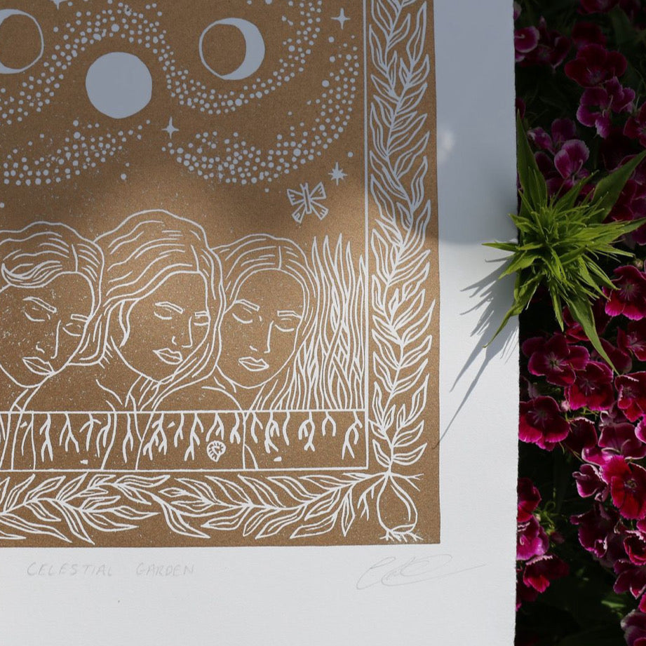 Celestial Garden Linocut Print