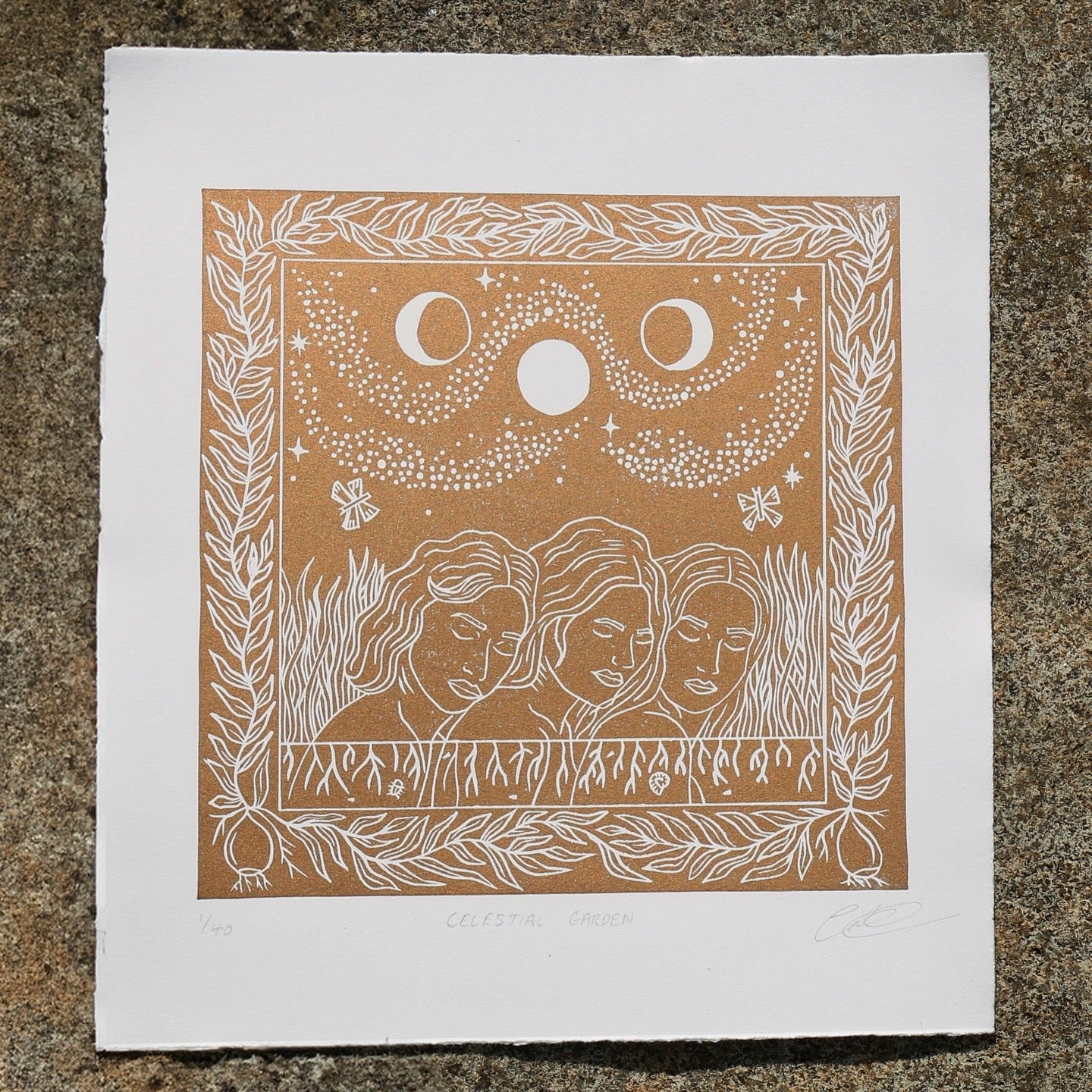 Celestial Garden Linocut Print