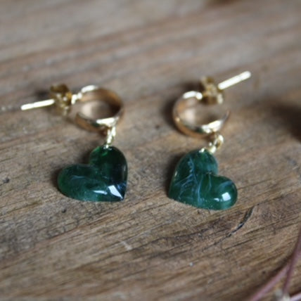 Jade green heart huggie earrings gold plated handmade resin jewellery