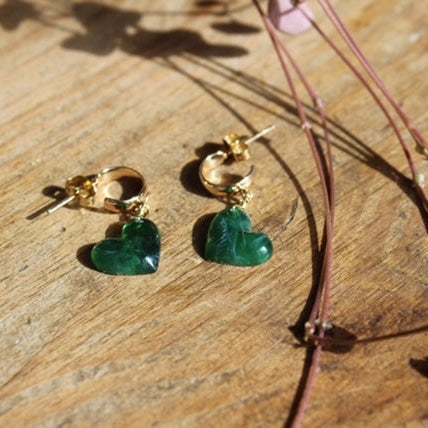 Handmade resin green heart earrings made in Wales, by local Welsh jewler.