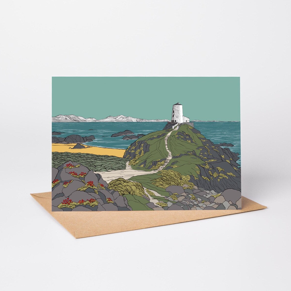Llanddwyn Island illustrated greeting card with craft envelope.