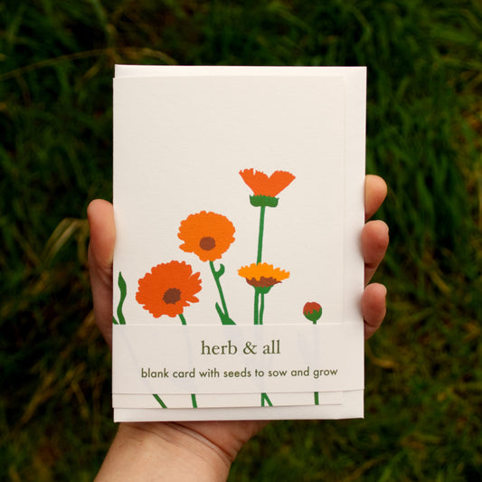 Hand holding a card with orange flowers and text 'herb & all' against a grassy background