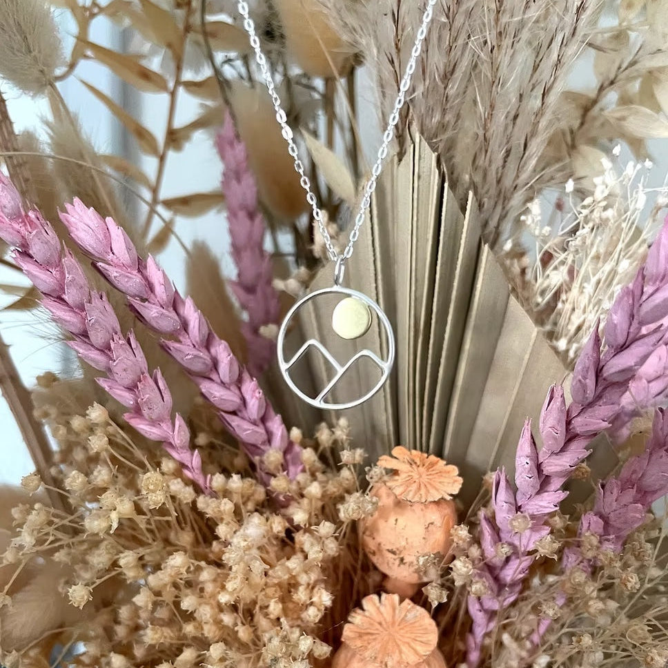 Handmade sterling silver mountain necklace with brass sun by Welsh maker – nature inspired jewellery, perfect gift for her, shop small this Christmas