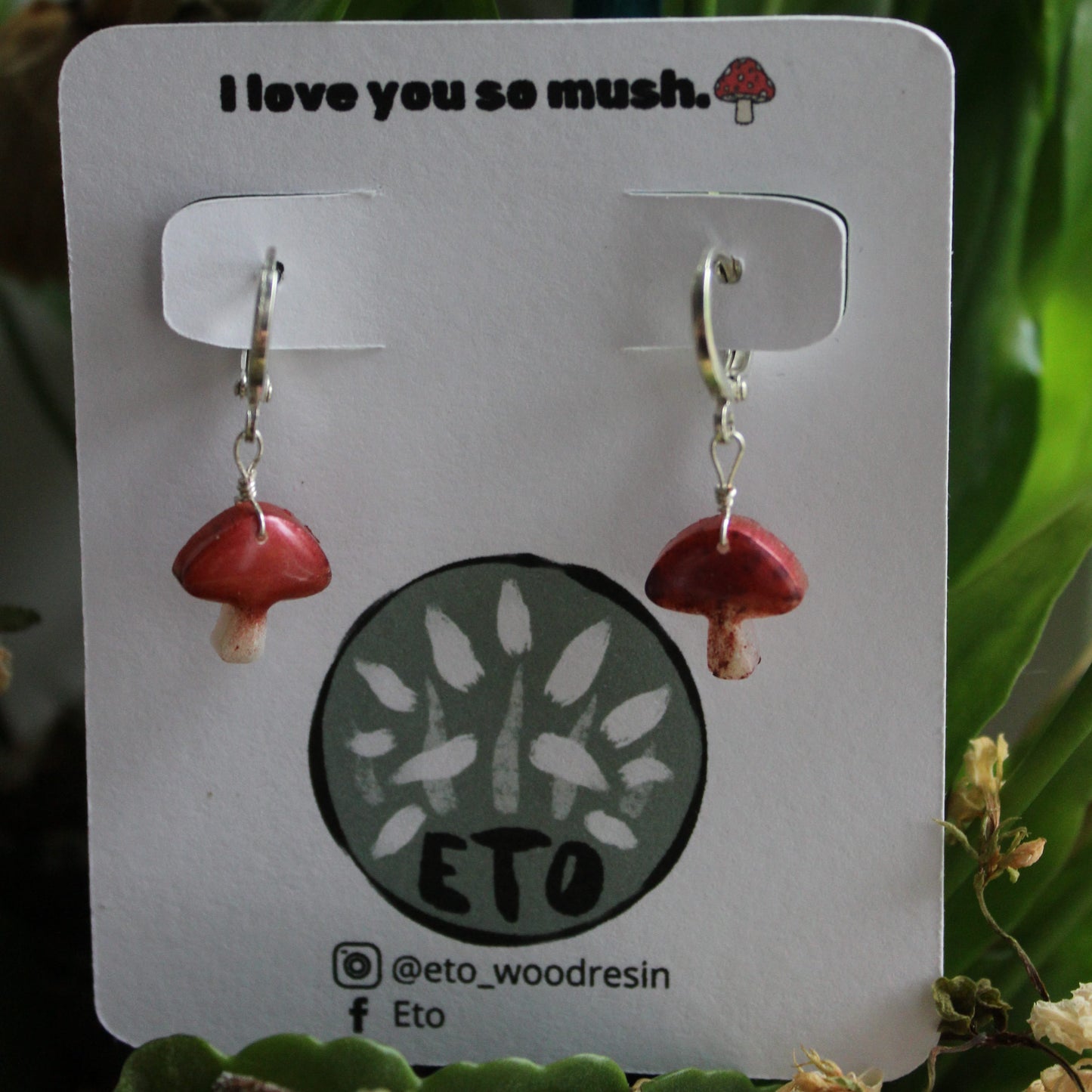Handmade mushroom earrings, nature inspired jewellery by a small Welsh business.