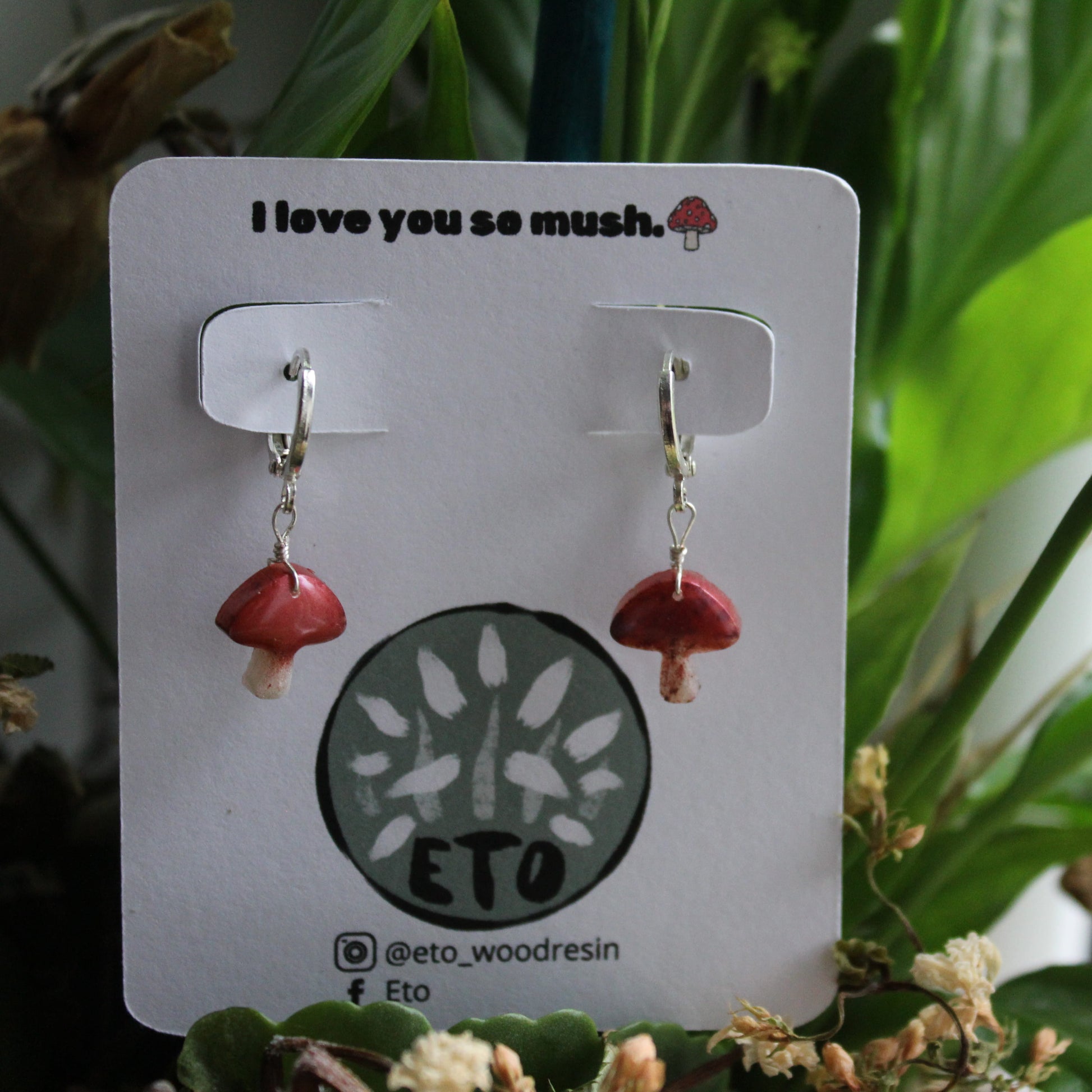 Red and white mushroom earrings, lightweight silver huggie hoops, gift for her