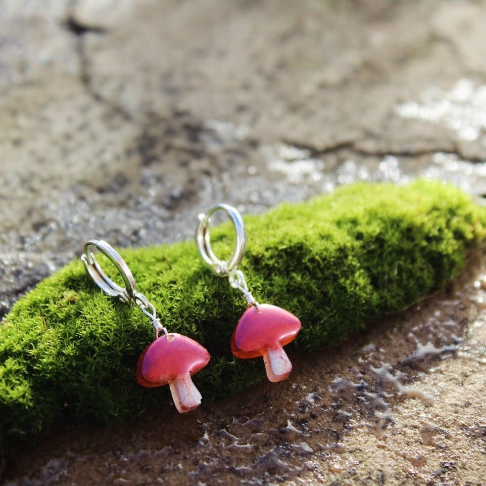 Whimsical mushroom earrings, handmade resin jewellery supporting small businesses