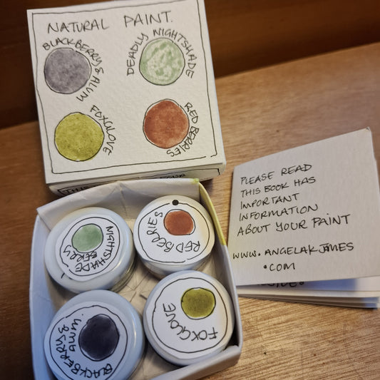 Natural handmade watercolour paint sample set with 5 colours made from garden stones, berries, and plants – eco-friendly, sustainable, handmade art supplies, perfect gift for artists
