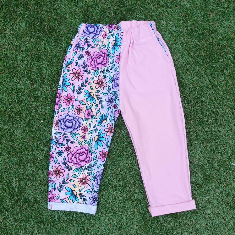 Soft cotton pastel and purple/pink kids trousers, handmade in Wales.