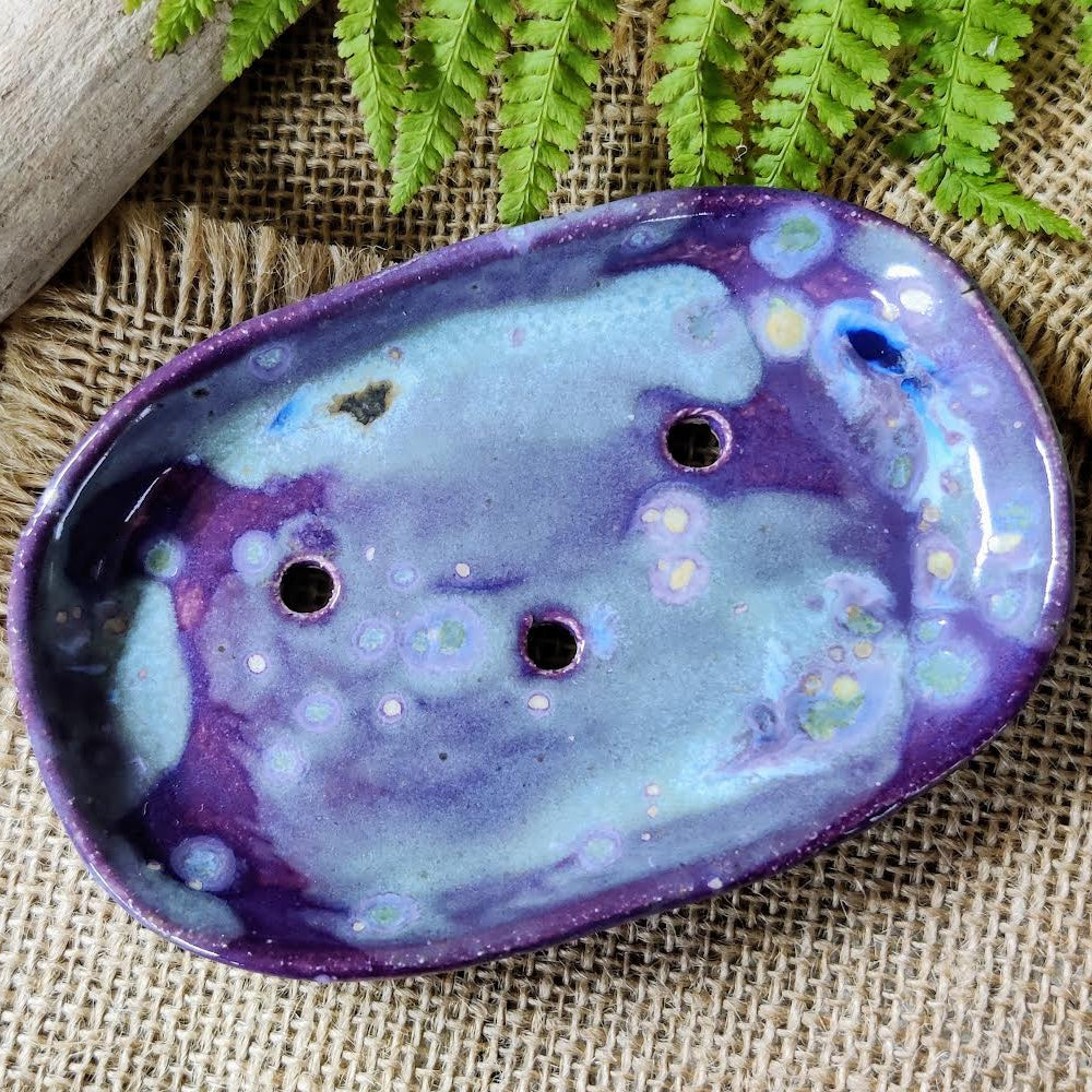 Purple and blue marbled handmade soap dish, made in Wales by local maker.