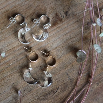 Real dandelion seed moon earrings in clear resin huggie hoops