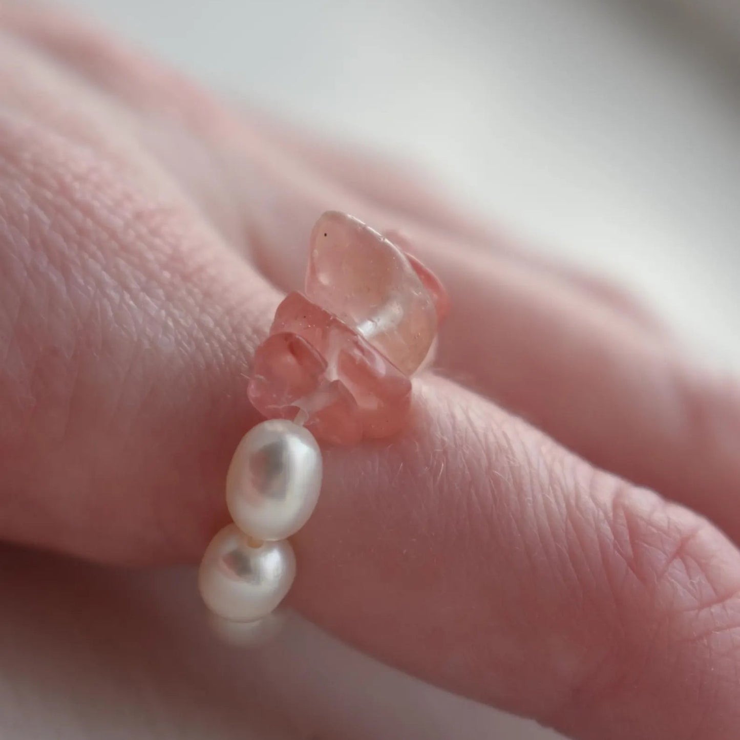 Stretch pearl ring with cherry quartz crystals handmade jewellery. Perfect gift for her and made in Wales.