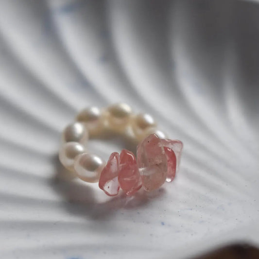 Handmade freshwater pearl and cherry quartz stretch ring for her