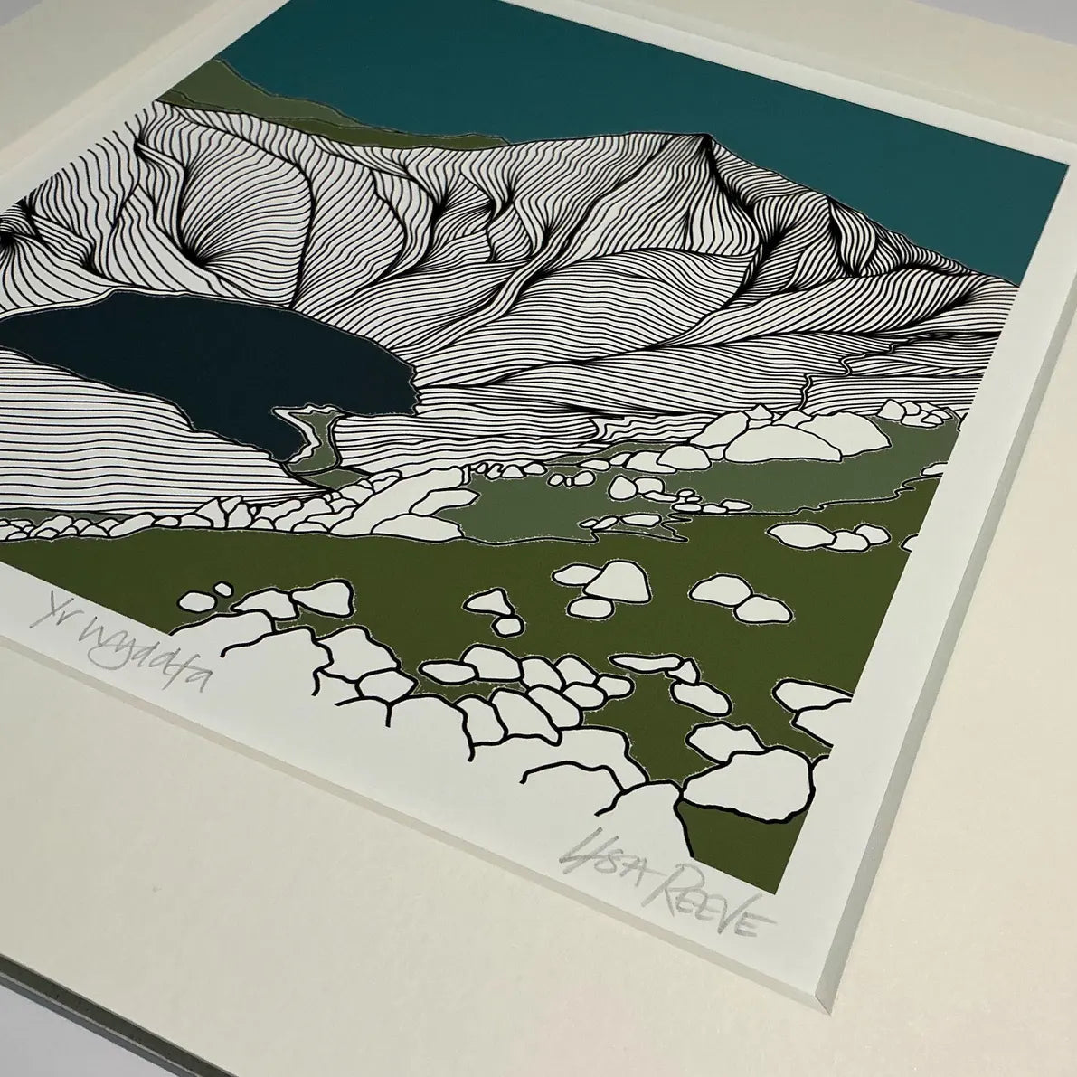 Limited edition Snowdonia Welsh landscape art print. Black and white line drawing print of Yr Wyddfa (Snowdon) and Llyn Glaslyn by Welsh artist, mounted and ready to frame. Perfect gift for outdoor enthusiasts.