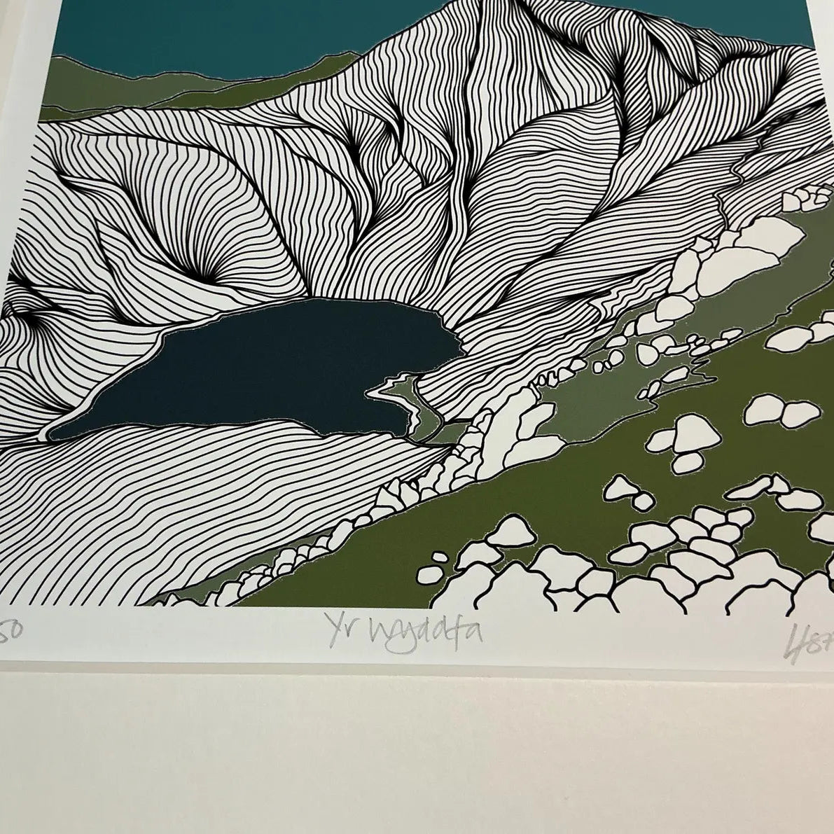 Limited edition Welsh landscape art print. Black and white line drawing print of Yr Wyddfa (Snowdon) and Llyn Glaslyn by Welsh artist, mounted and ready to frame. Perfect gift for outdoor enthusiasts.