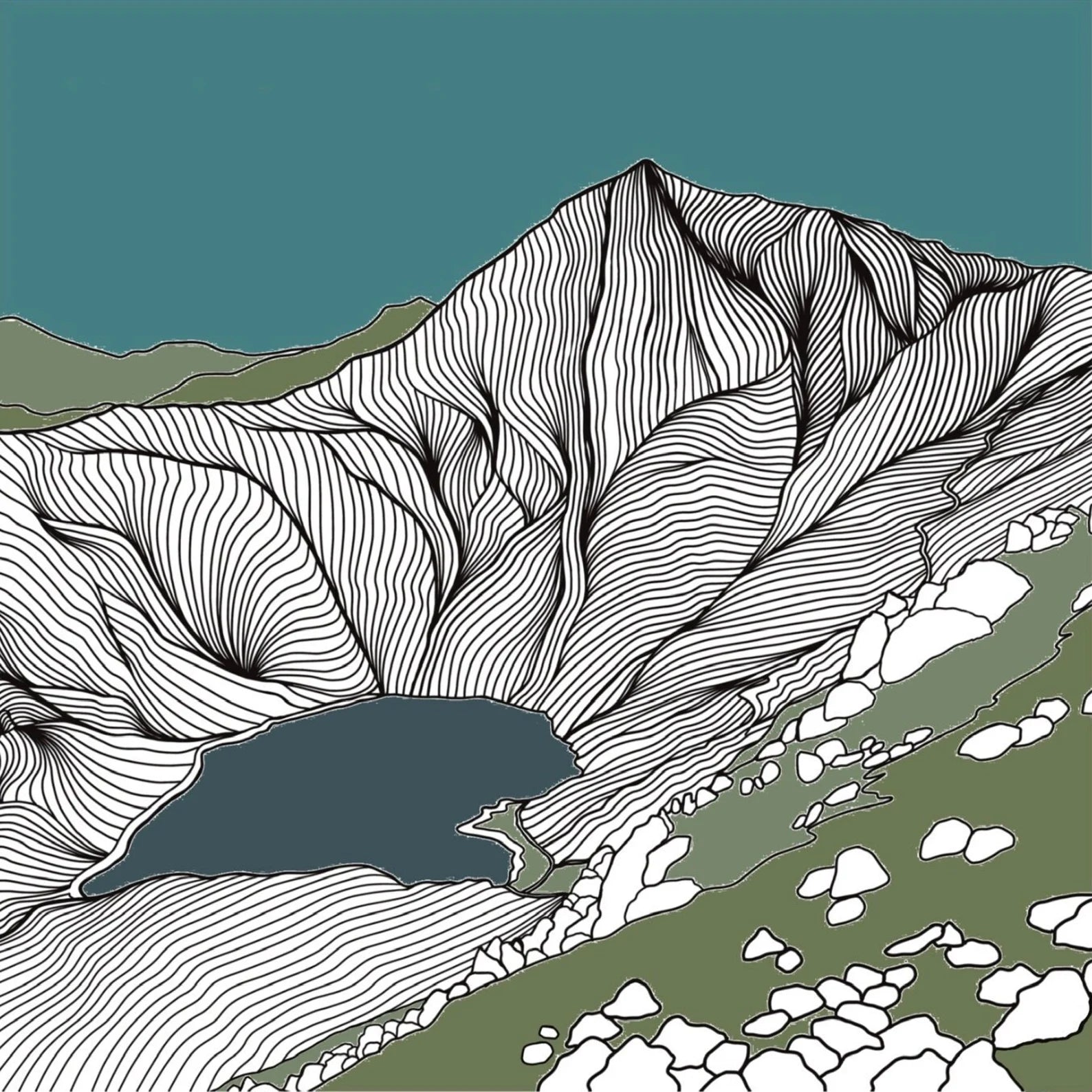 Limited edition Welsh landscape art print. Black and white line drawing print of Yr Wyddfa (Snowdon) and Llyn Glaslyn by Welsh artist, mounted and ready to frame. Perfect gift for outdoor enthusiasts.