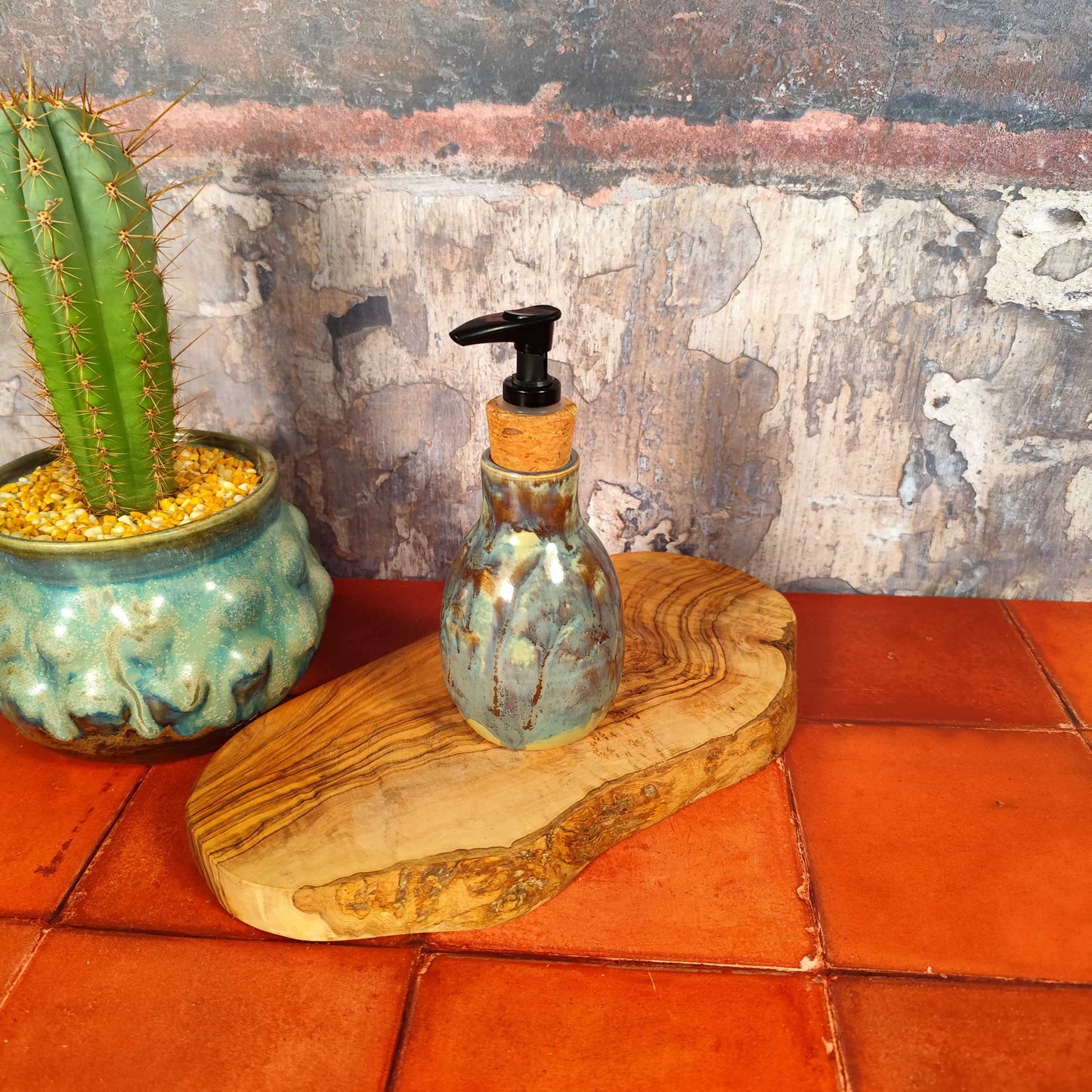 Unique glazed ceramic bathroom soap dispenser gift idea. In cerulean and olive glaze, made in Wales.