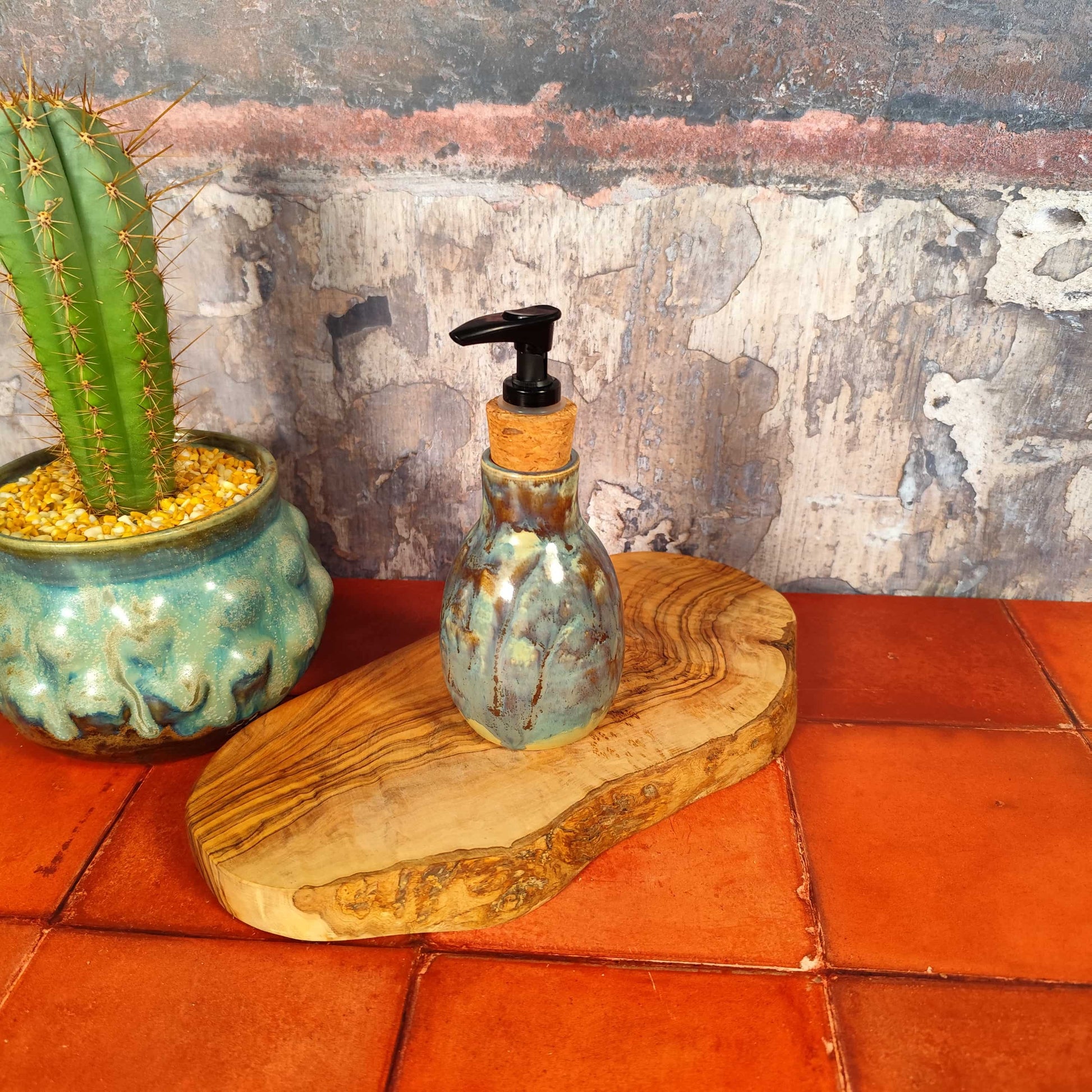 Unique glazed ceramic bathroom soap dispenser gift idea. In cerulean and olive glaze, made in Wales.