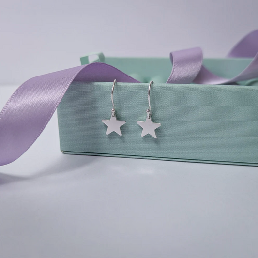 Handmade sterling silver little dangly star earrings, each star approx 10mm across, perfect for gifting or everyday wear.